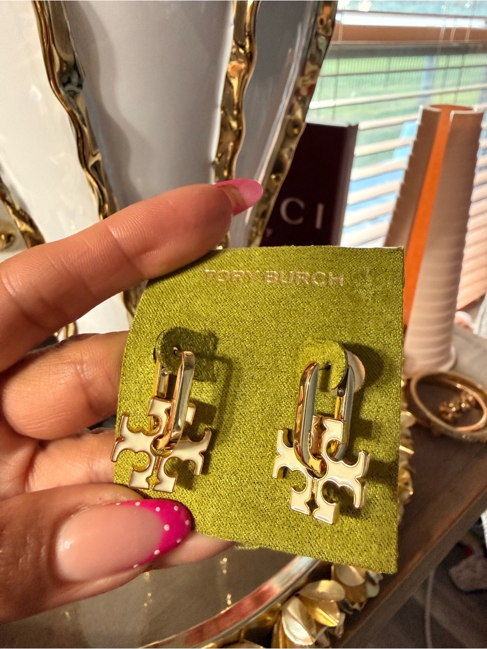 Tory Burch Gold Logo Drop Earrings - Polished Gold and Cream White Puzzle Piece